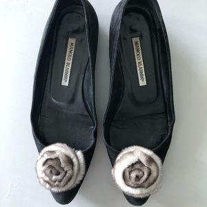 Manolo suede flats with fur rosettes